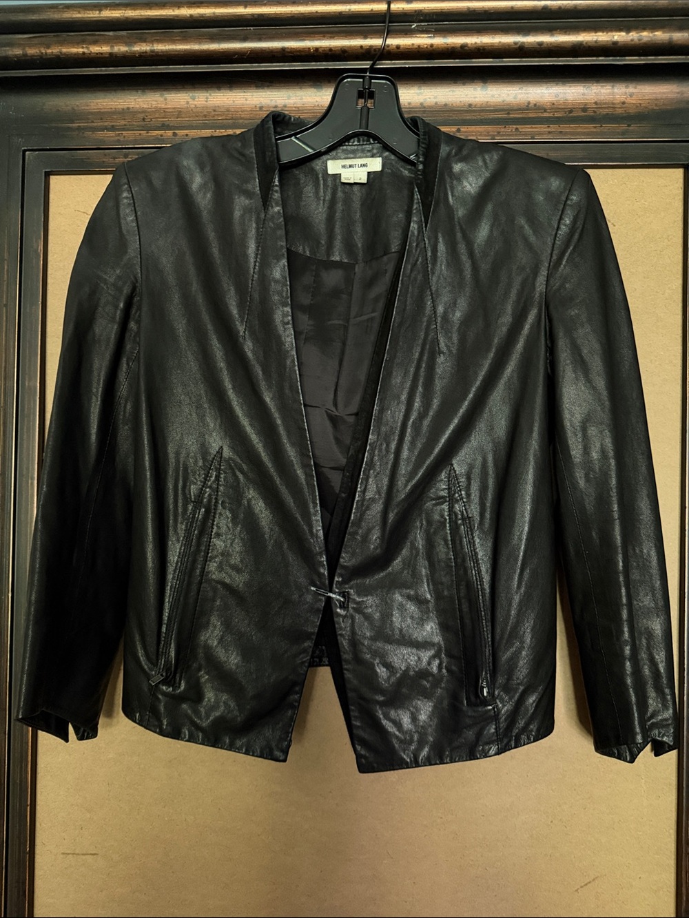 Helmut Lang Black Leather Vneck Jacket w/metal hook closure & suede cllr trim